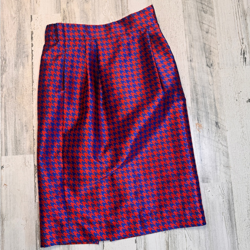 J. Crew Pintucked Pencil Skirt Red Blue Houndstooth Jacquard Lined Size 8